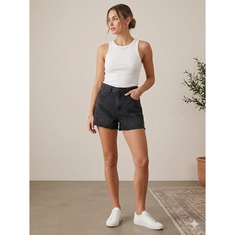 Cotton On Black Loose Fit Raw Hem Denim‎ Shorts Size 30 Clean Girl Closet Staple
